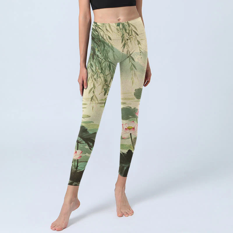 Leggings da palestra con stampa di Buddha Stones, fiori di loto rosa, foglie di loto, rami di salice, pantaloni da yoga da donna - Image 6