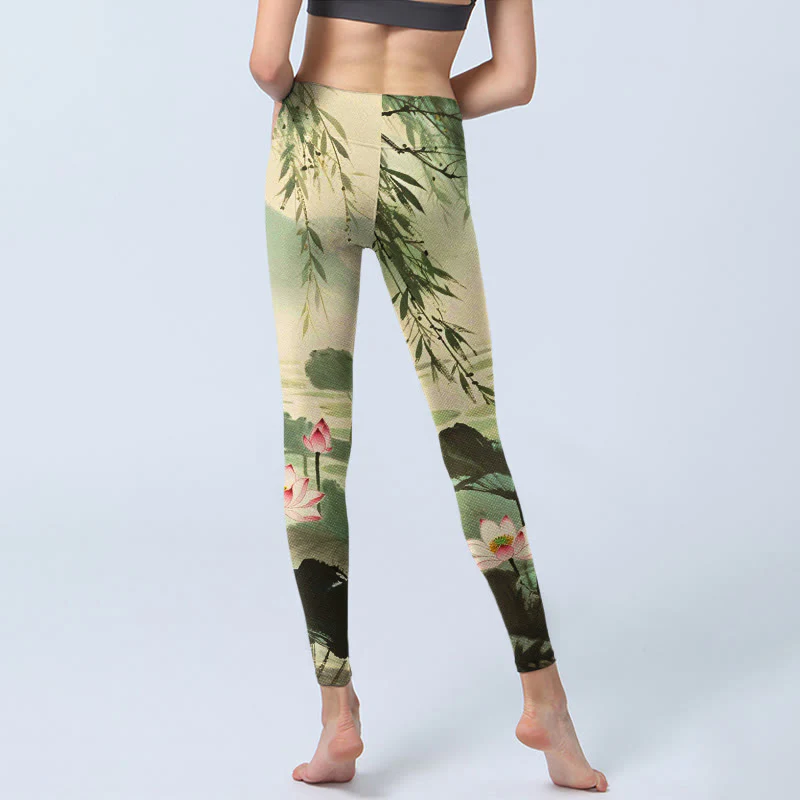 Leggings da palestra con stampa di Buddha Stones, fiori di loto rosa, foglie di loto, rami di salice, pantaloni da yoga da donna - Image 7