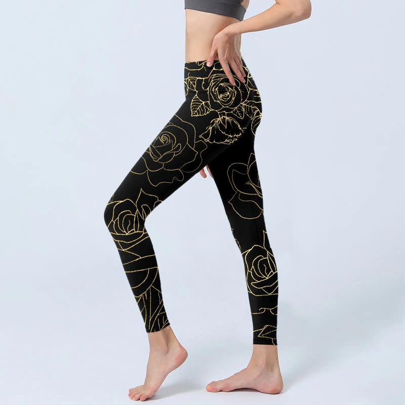 Leggings da palestra con stampa di Buddha Stones, fiori di rosa, foglie e linee dorate, pantaloni da yoga da donna - Image 3