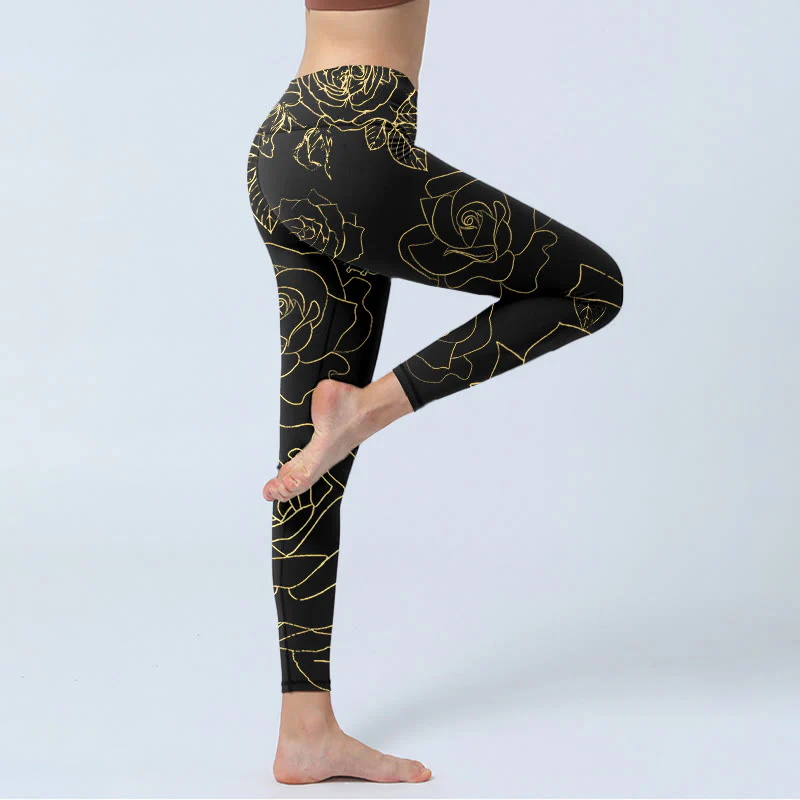 Leggings da palestra con stampa di Buddha Stones, fiori di rosa, foglie e linee dorate, pantaloni da yoga da donna - Image 4