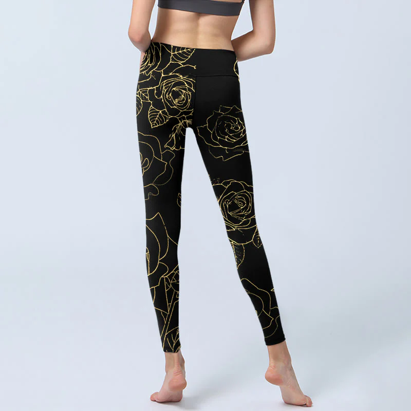 Leggings da palestra con stampa di Buddha Stones, fiori di rosa, foglie e linee dorate, pantaloni da yoga da donna - Image 7