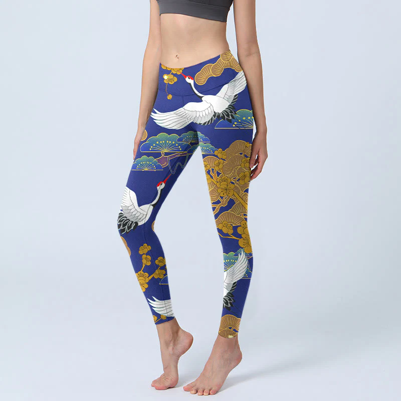 Leggings da palestra con stampa di Buddha Stones Flying Red-Crowned Crane, motivo floreale di pino, pantaloni da yoga da donna