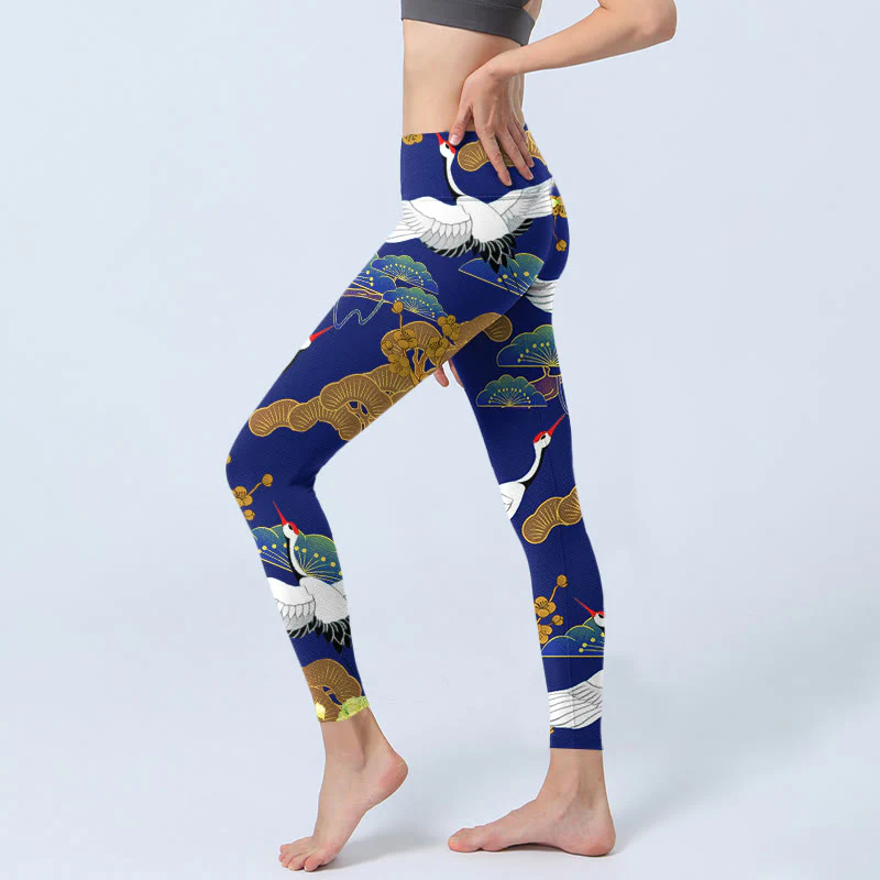 Leggings da palestra con stampa di Buddha Stones Flying Red-Crowned Crane, motivo floreale di pino, pantaloni da yoga da donna - Image 3