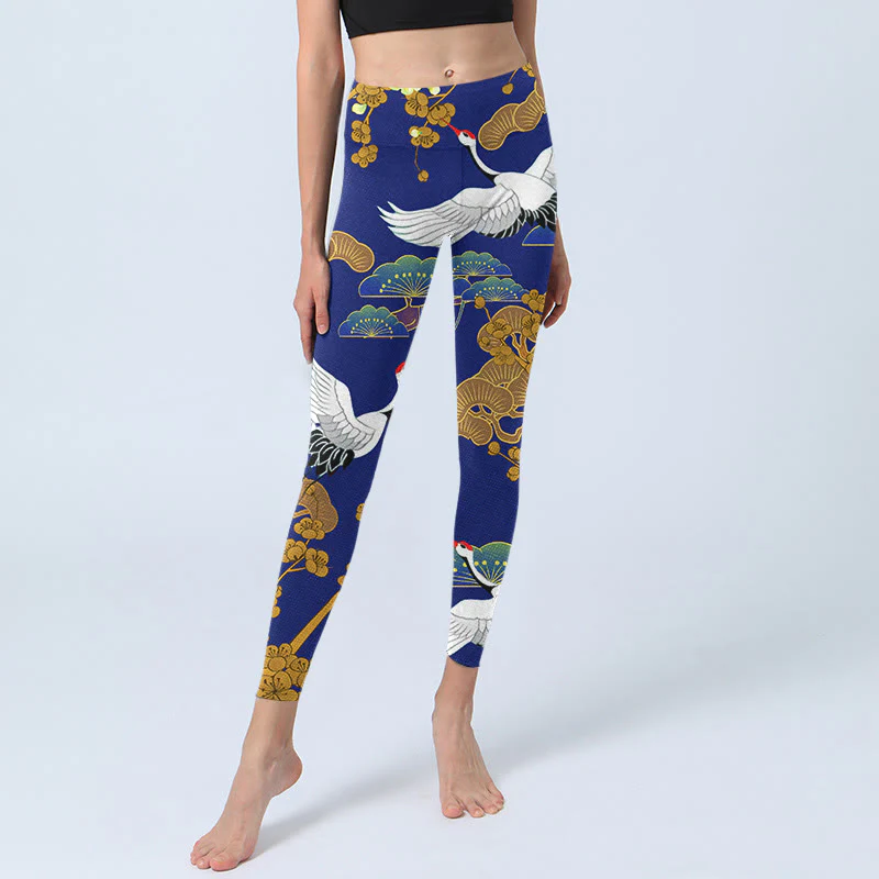 Leggings da palestra con stampa di Buddha Stones Flying Red-Crowned Crane, motivo floreale di pino, pantaloni da yoga da donna - Image 6