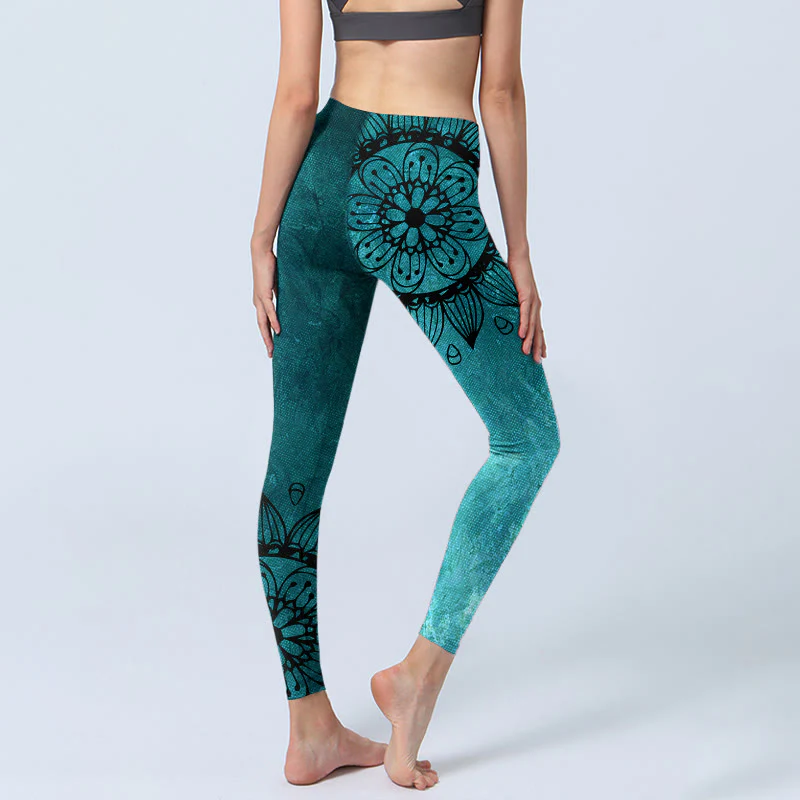 Leggings da palestra con stampa di Buddha Stones Green Sunflowers Blossoms, pantaloni da yoga da donna - Image 5
