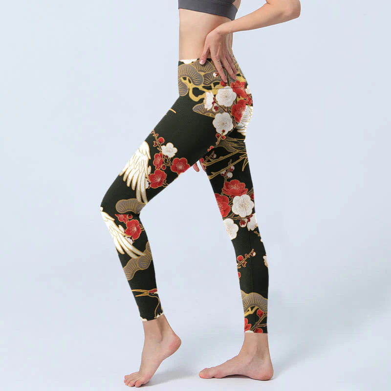 Leggings da palestra con stampa di Buddha Stones, gru coronate rosse, fiori di prugno, rami, pantaloni da yoga da donna - Image 3