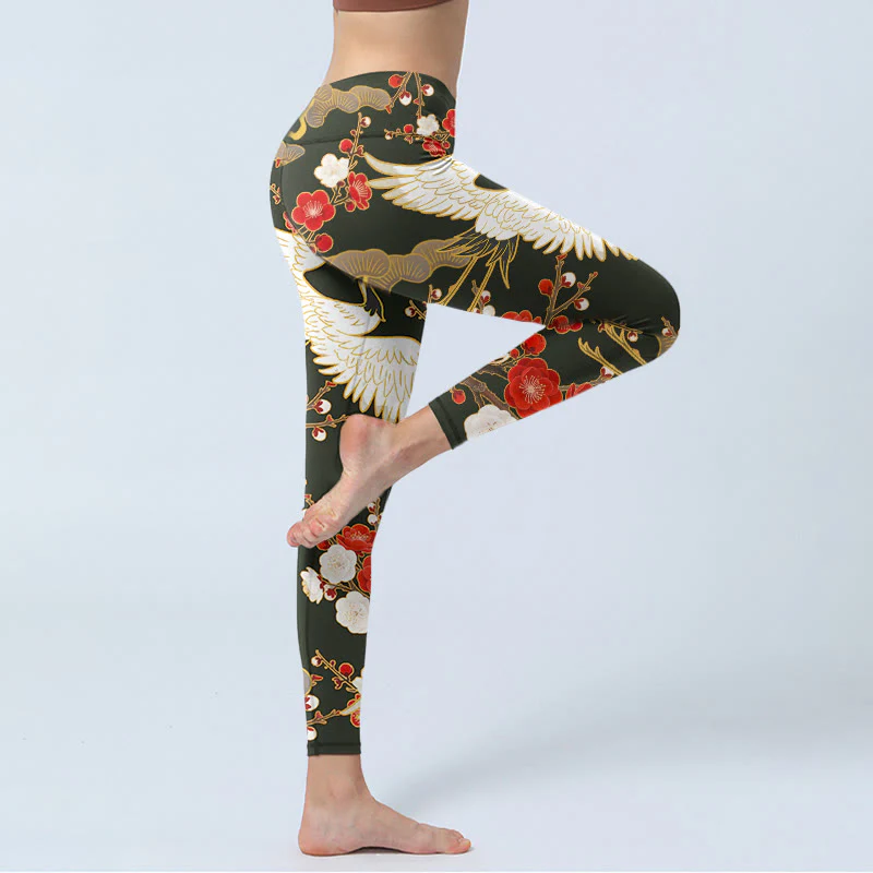 Leggings da palestra con stampa di Buddha Stones, gru coronate rosse, fiori di prugno, rami, pantaloni da yoga da donna - Image 4
