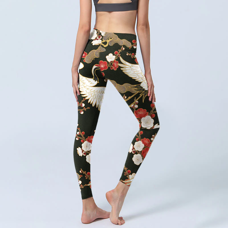 Leggings da palestra con stampa di Buddha Stones, gru coronate rosse, fiori di prugno, rami, pantaloni da yoga da donna - Image 5
