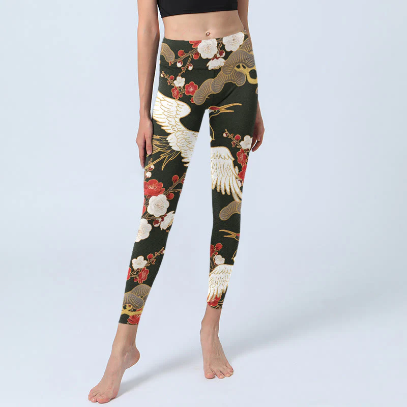 Leggings da palestra con stampa di Buddha Stones, gru coronate rosse, fiori di prugno, rami, pantaloni da yoga da donna - Image 6