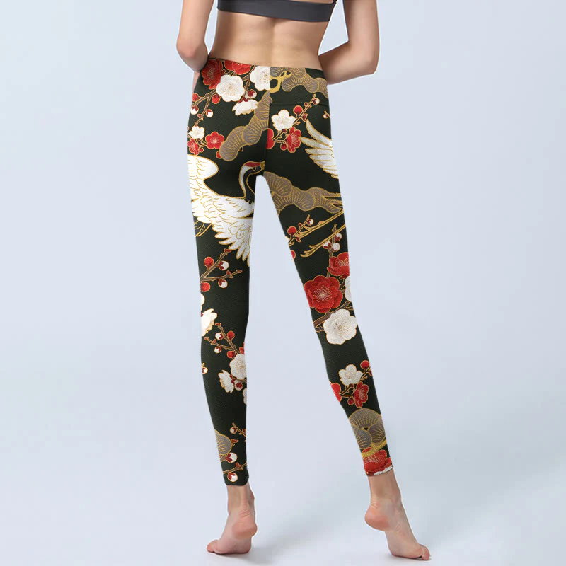 Leggings da palestra con stampa di Buddha Stones, gru coronate rosse, fiori di prugno, rami, pantaloni da yoga da donna - Image 7