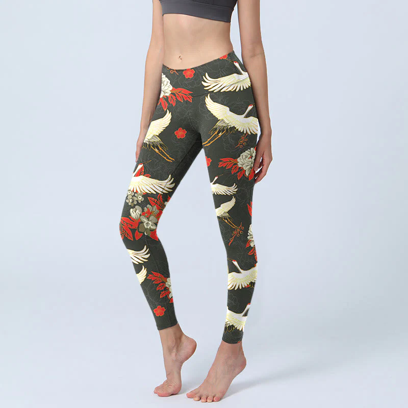 Leggings da palestra con stampa di Buddha Stones, gru dalla corona rossa e fiori di peonia, pantaloni da yoga da donna