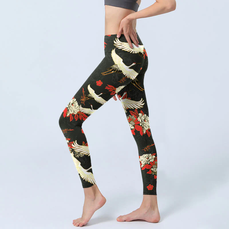 Leggings da palestra con stampa di Buddha Stones, gru dalla corona rossa e fiori di peonia, pantaloni da yoga da donna - Image 3