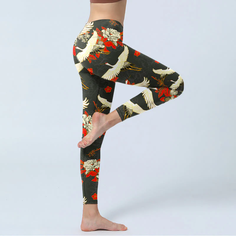 Leggings da palestra con stampa di Buddha Stones, gru dalla corona rossa e fiori di peonia, pantaloni da yoga da donna - Image 4