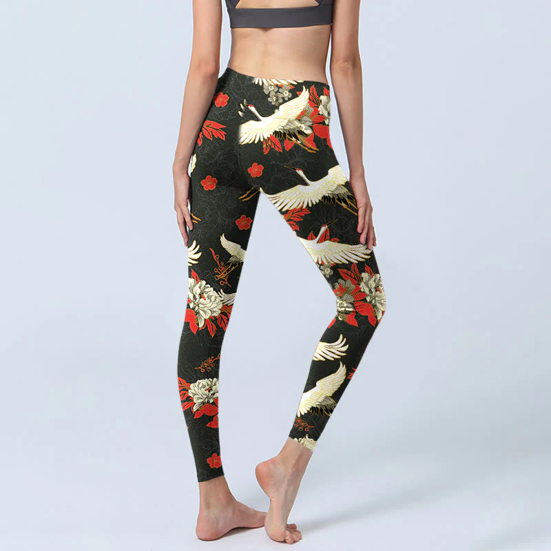 Leggings da palestra con stampa di Buddha Stones, gru dalla corona rossa e fiori di peonia, pantaloni da yoga da donna - Image 5