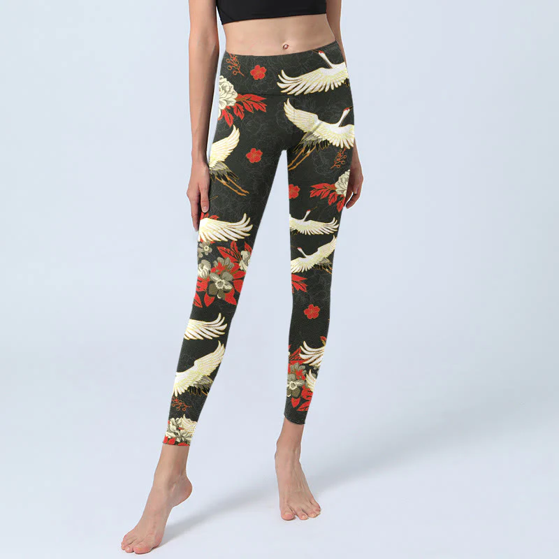 Leggings da palestra con stampa di Buddha Stones, gru dalla corona rossa e fiori di peonia, pantaloni da yoga da donna - Image 6