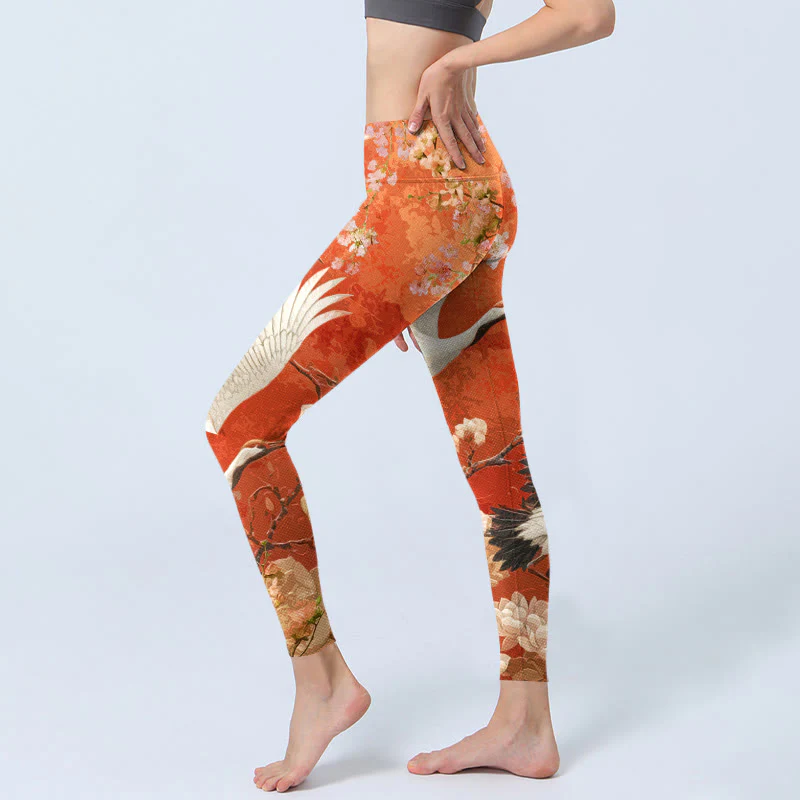 Leggings da palestra con stampa di Buddha Stones , modello di gru coronata rossa, fiori di ciliegio e fiori di loto, pantaloni da yoga da donna - Image 3