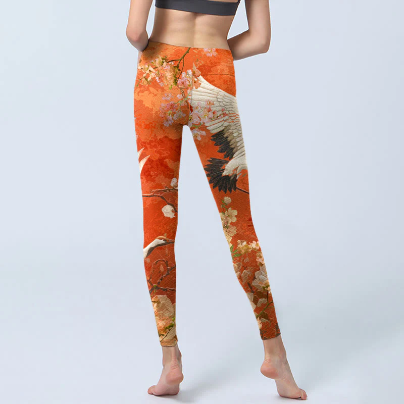 Leggings da palestra con stampa di Buddha Stones , modello di gru coronata rossa, fiori di ciliegio e fiori di loto, pantaloni da yoga da donna - Image 4