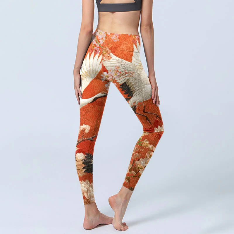 Leggings da palestra con stampa di Buddha Stones , modello di gru coronata rossa, fiori di ciliegio e fiori di loto, pantaloni da yoga da donna - Image 7