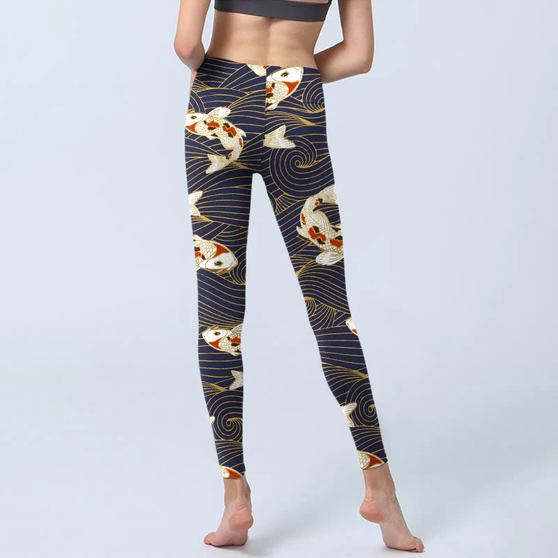 Leggings da palestra con stampa di Buddha Stones, pesce koi rosso bianco e onde dell'oceano, pantaloni da yoga da donna - Image 6