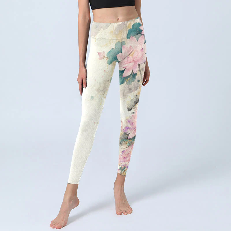 Leggings da palestra con stampa di Buddha Stones, petali di loto e foglie, pantaloni da yoga da donna - Image 6