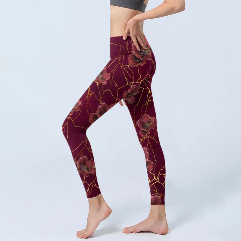 Leggings da palestra con stampa di Buddha Stones, petali rossi, linee dorate, pantaloni da yoga da donna - Image 3