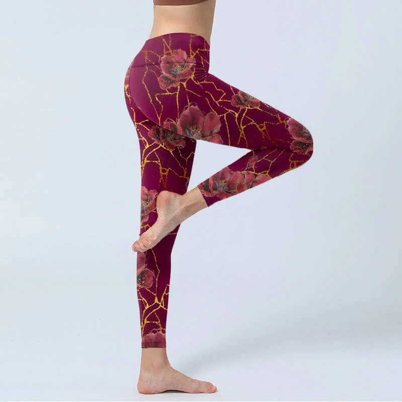 Leggings da palestra con stampa di Buddha Stones, petali rossi, linee dorate, pantaloni da yoga da donna - Image 4