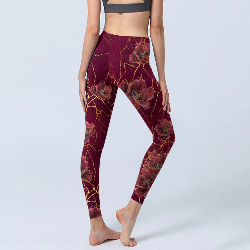 Leggings da palestra con stampa di Buddha Stones, petali rossi, linee dorate, pantaloni da yoga da donna - Image 5
