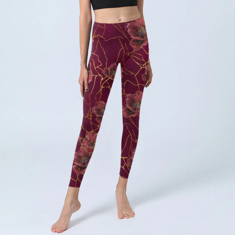 Leggings da palestra con stampa di Buddha Stones, petali rossi, linee dorate, pantaloni da yoga da donna - Image 6
