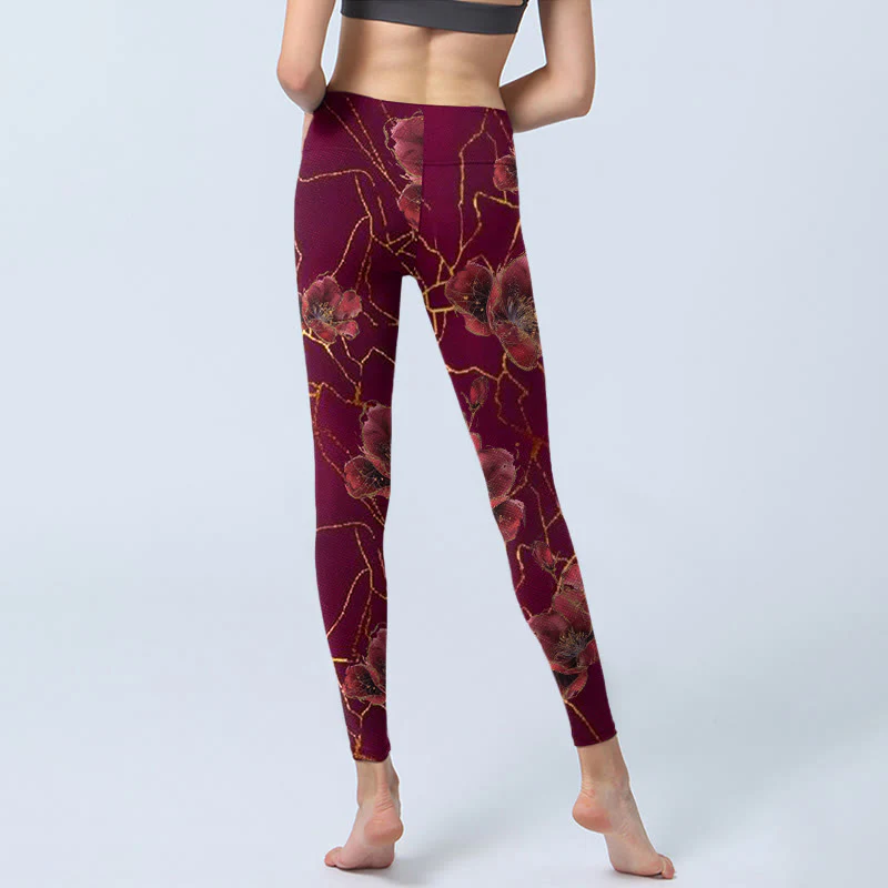 Leggings da palestra con stampa di Buddha Stones, petali rossi, linee dorate, pantaloni da yoga da donna - Image 7