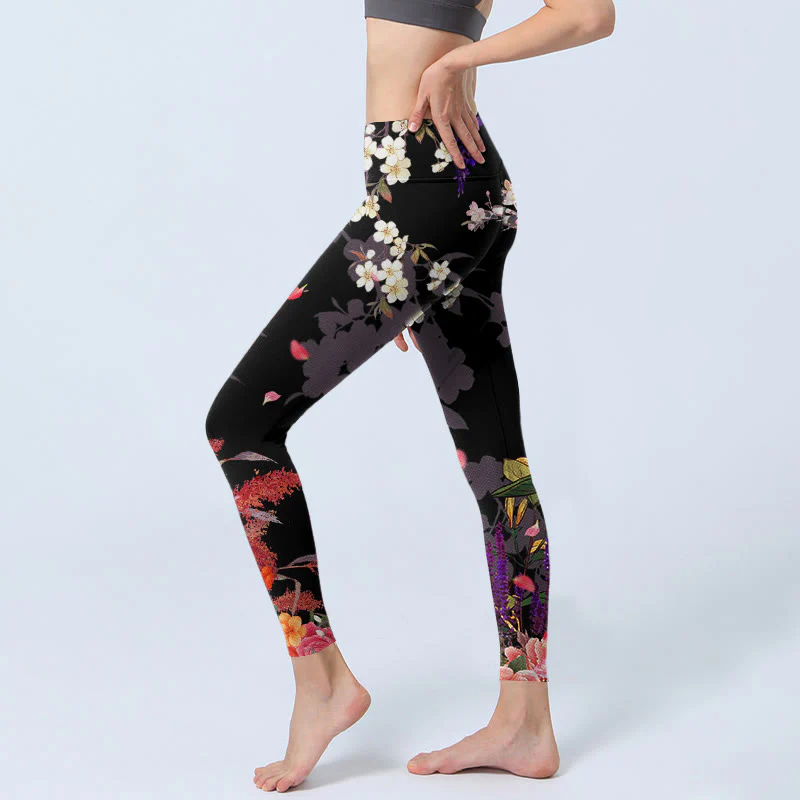 Leggings da palestra con stampa di fiori colorati neri Buddha Stones da donna Pantaloni da yoga - Image 3