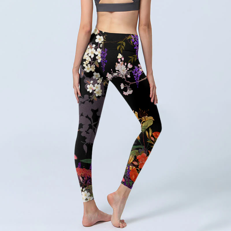 Leggings da palestra con stampa di fiori colorati neri Buddha Stones da donna Pantaloni da yoga - Image 5