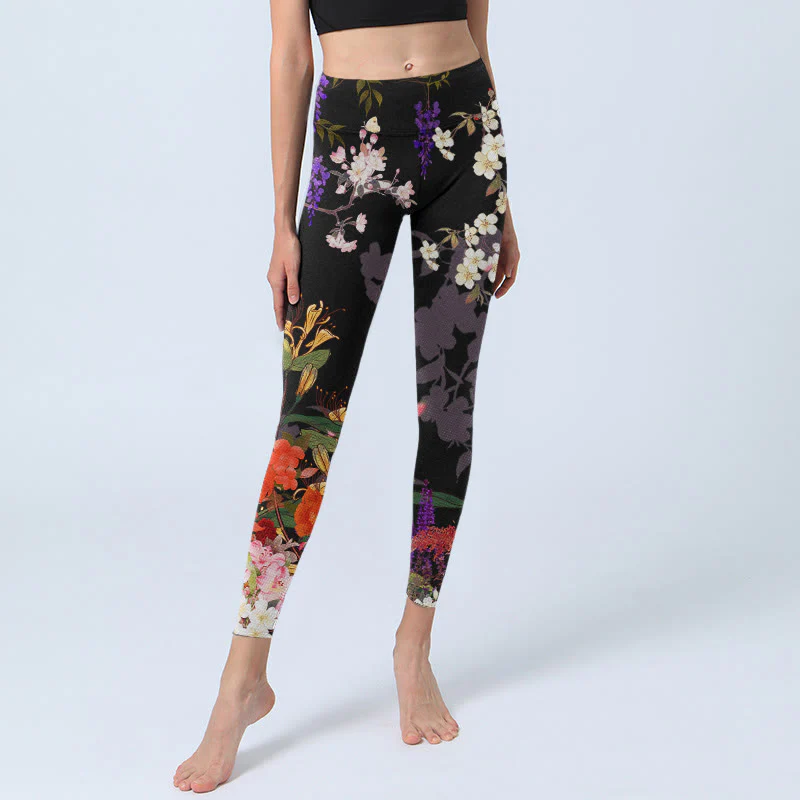 Leggings da palestra con stampa di fiori colorati neri Buddha Stones da donna Pantaloni da yoga - Image 6