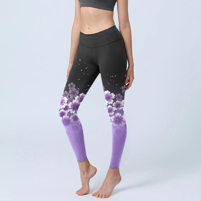 Leggings da palestra con stampa di fiori di ciliegio, bianchi e viola , da donna, pantaloni da yoga