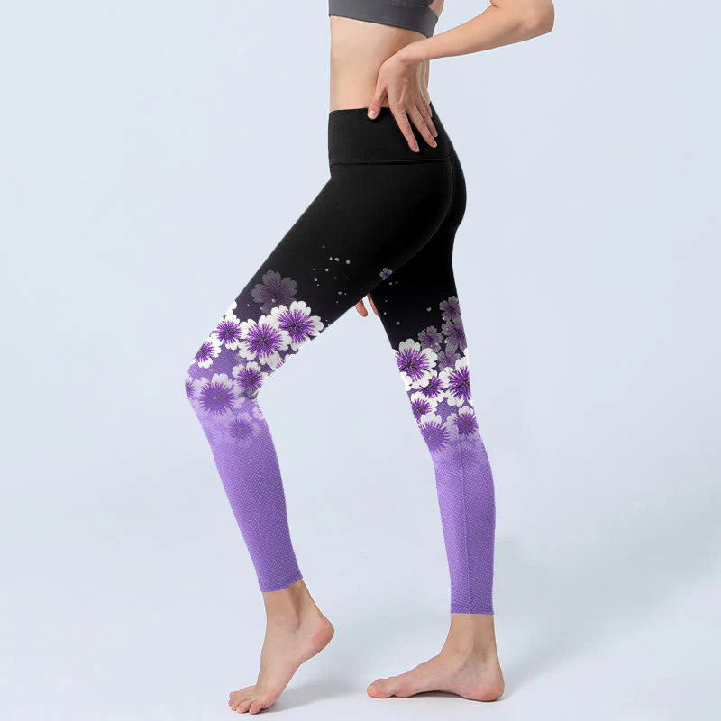 Leggings da palestra con stampa di fiori di ciliegio, bianchi e viola , da donna, pantaloni da yoga - Image 3