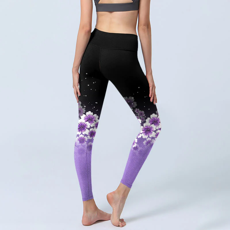 Leggings da palestra con stampa di fiori di ciliegio, bianchi e viola , da donna, pantaloni da yoga - Image 4