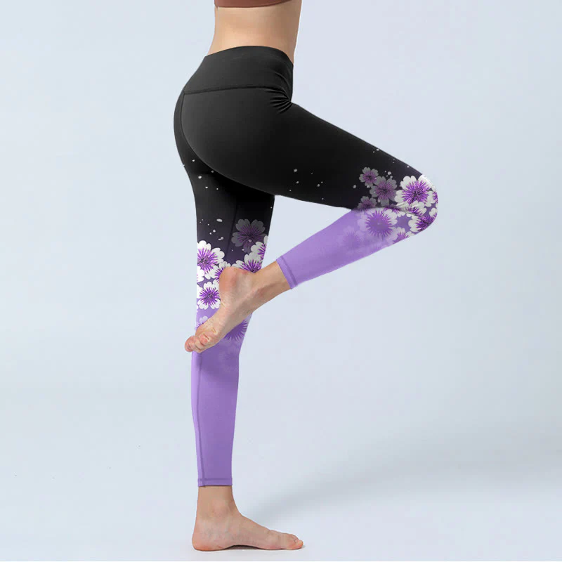 Leggings da palestra con stampa di fiori di ciliegio, bianchi e viola , da donna, pantaloni da yoga - Image 5