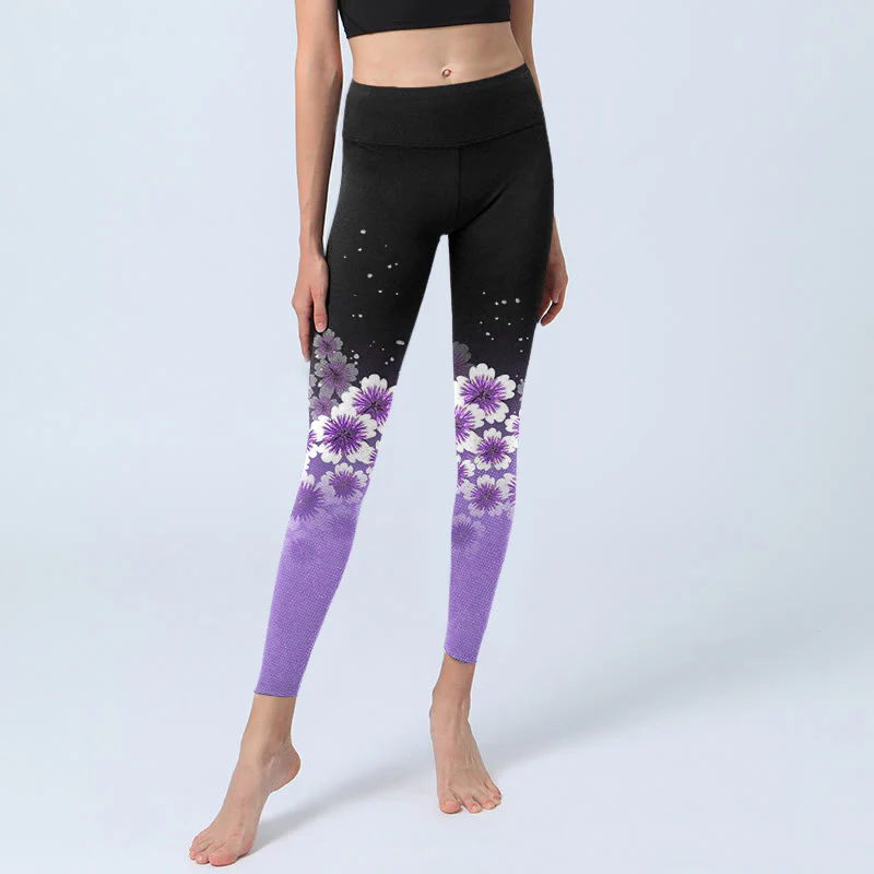 Leggings da palestra con stampa di fiori di ciliegio, bianchi e viola , da donna, pantaloni da yoga - Image 6