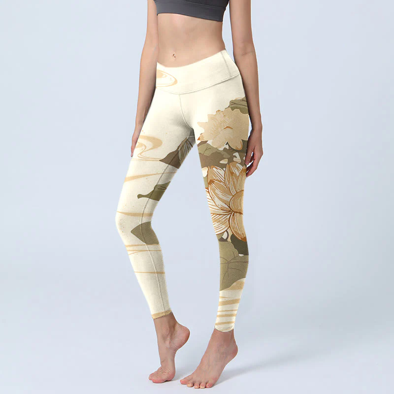 Leggings da palestra con stampa di fiori di loto beige Buddha Stones, pantaloni da yoga da donna