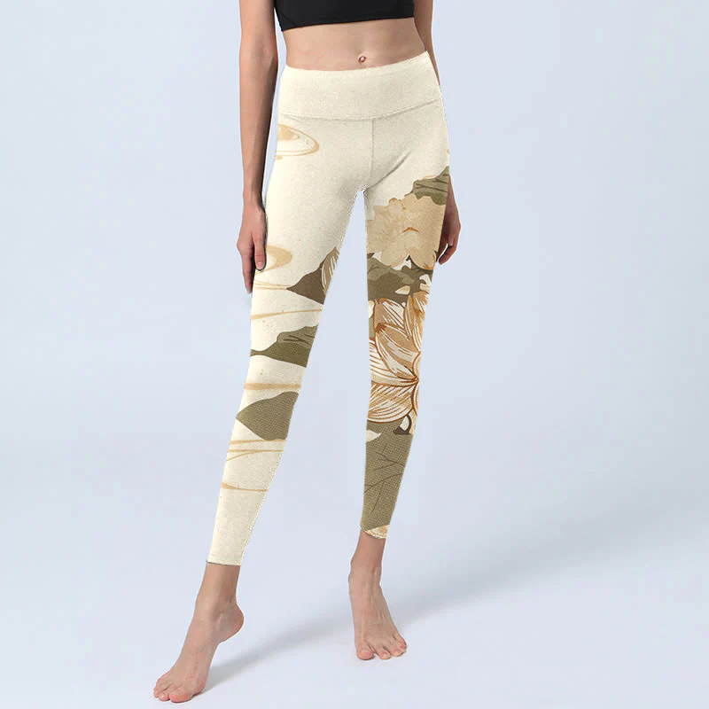 Leggings da palestra con stampa di fiori di loto beige Buddha Stones, pantaloni da yoga da donna - Image 6