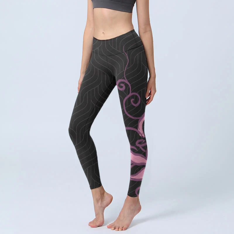 Leggings da palestra con stampa di fiori di loto rosa e neri Buddha Stones, pantaloni da yoga da donna