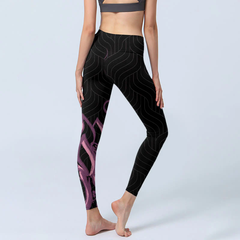 Leggings da palestra con stampa di fiori di loto rosa e neri Buddha Stones, pantaloni da yoga da donna - Image 5