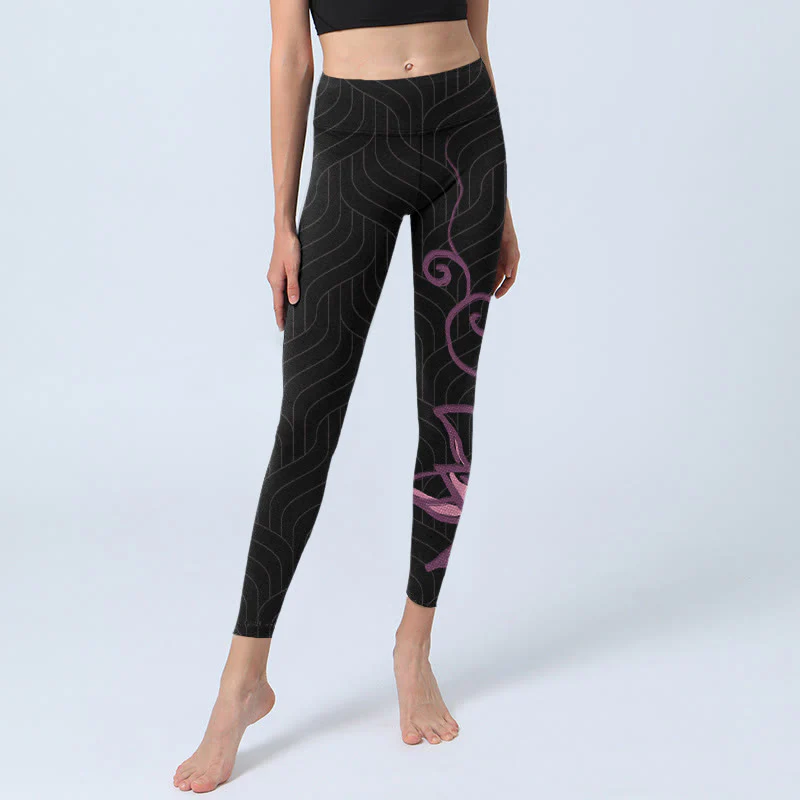 Leggings da palestra con stampa di fiori di loto rosa e neri Buddha Stones, pantaloni da yoga da donna - Image 6