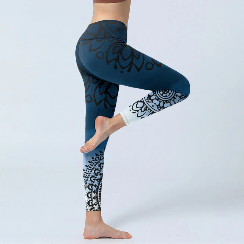Leggings da palestra con stampa di fiori e mandala circolari con Buddha Stones, pantaloni da yoga da donna - Image 4