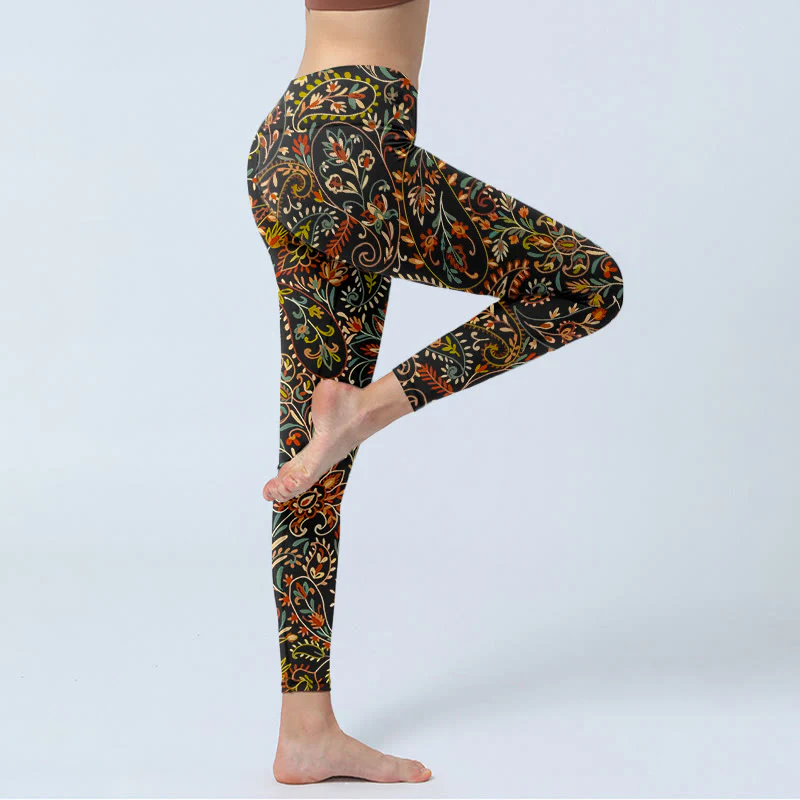 Leggings da palestra con stampa di motivi floreali e foglie intricati Buddha Stones, pantaloni da yoga da donna - Image 4