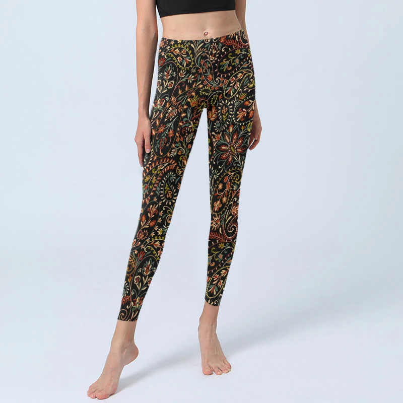 Leggings da palestra con stampa di motivi floreali e foglie intricati Buddha Stones, pantaloni da yoga da donna - Image 6