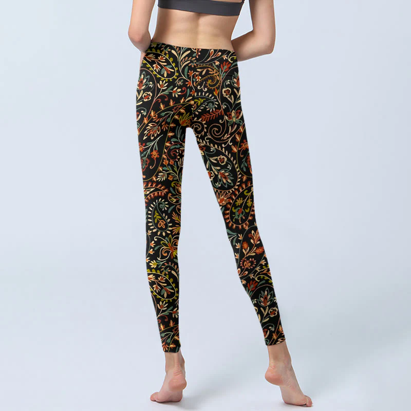 Leggings da palestra con stampa di motivi floreali e foglie intricati Buddha Stones, pantaloni da yoga da donna - Image 7