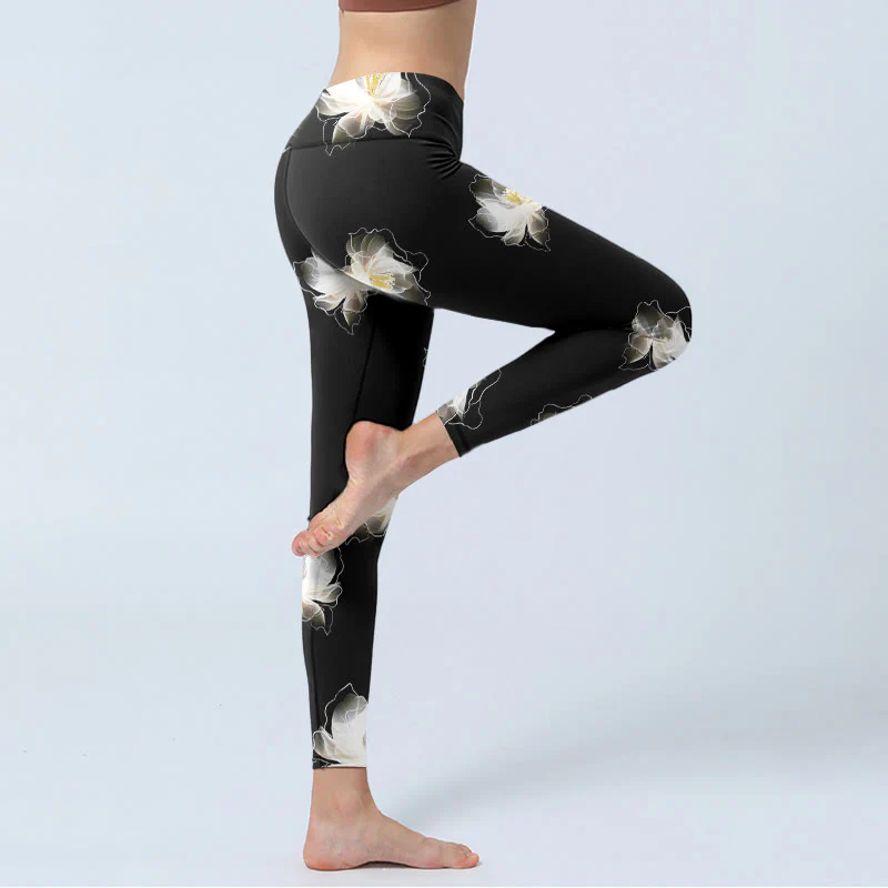 Leggings da palestra con stampa di petali di loto bianco e nero, modello Buddha Stones, pantaloni da yoga da donna - Image 4