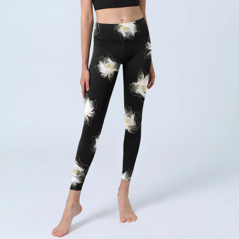 Leggings da palestra con stampa di petali di loto bianco e nero, modello Buddha Stones, pantaloni da yoga da donna - Image 7