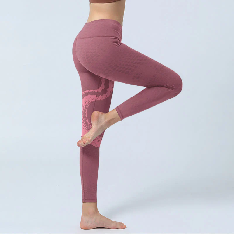 Leggings da palestra con stampa di serpente e pelle di serpente rosa Buddha Stones, pantaloni da yoga da donna - Image 4