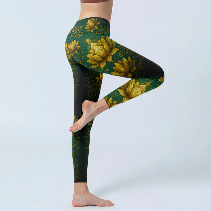 Leggings da palestra con stampa motivo Buddha Stones Golden Lotus, pantaloni da yoga da donna - Image 4